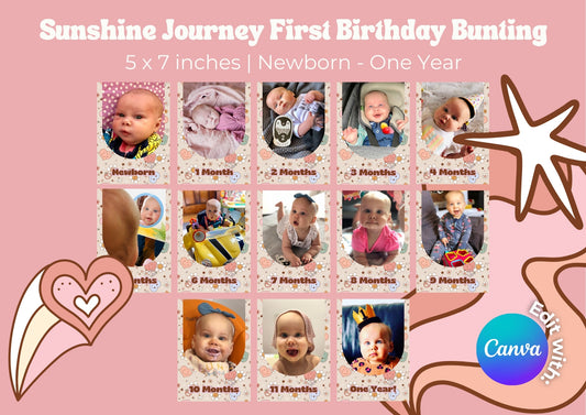 Sunshine Journey Editable First Birthday Photo Bunting - Digital Download