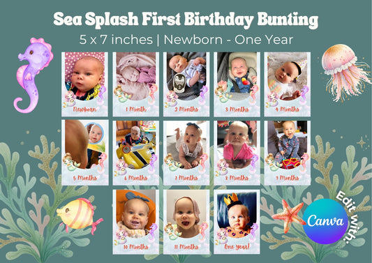 Sea Splash Editable First Birthday Photo Bunting - Digital Download