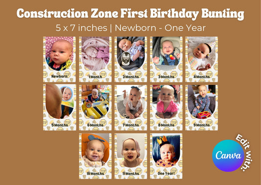 Construction Zone Editable First Birthday Photo Bunting - Digital Download