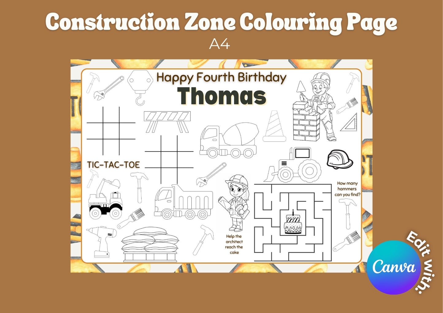 Construction Zone Editable Colouring Pages - Digital Download