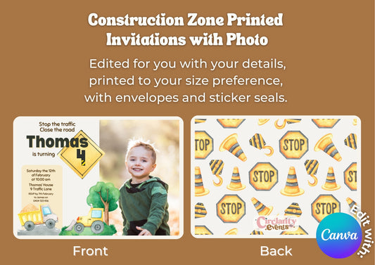 Construction Zone Invitation with Photo - Personalised and Printed - Pack of ten