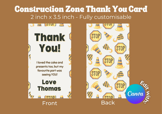 Construction Zone Editable Thank you Card - Digital Download