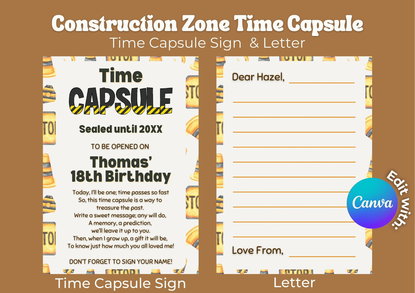 Construction Zone Editable Time Capsule - Digital Download