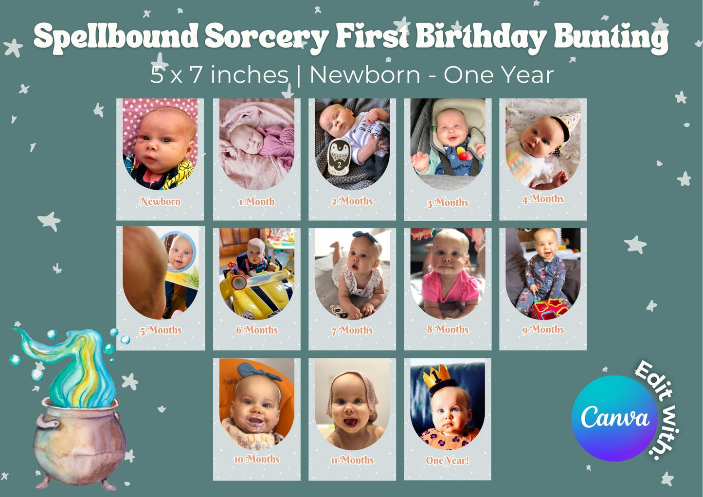 Spellbound Sorcery Editable First Birthday Photo Bunting - Digital Download