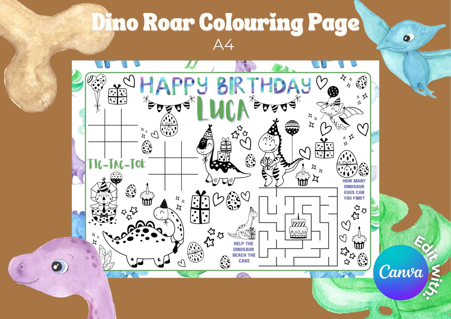 Dino Roar Editable Colouring Pages - Digital Download