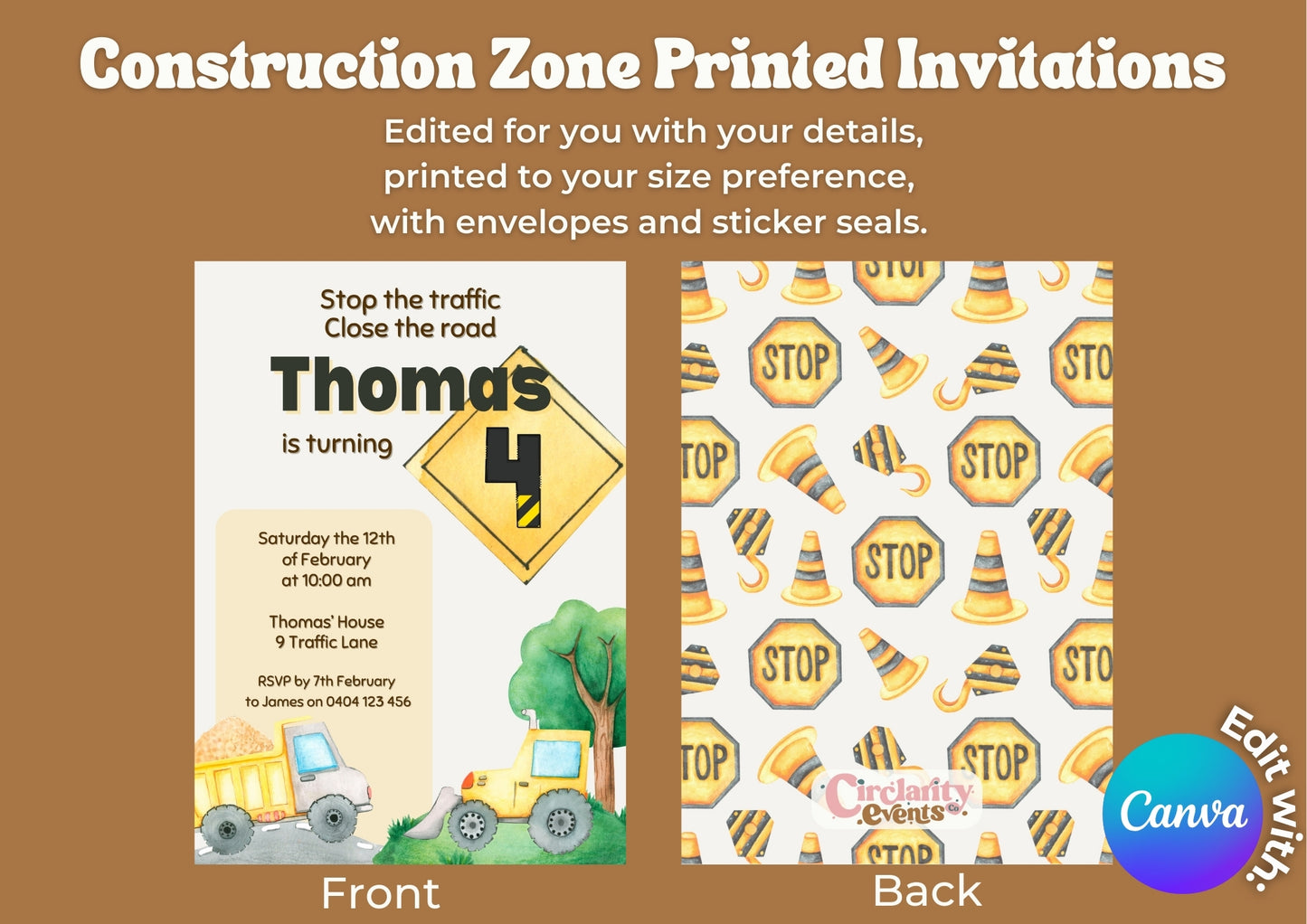 Construction Zone Invitation - Personalised and Printed - Pack of ten