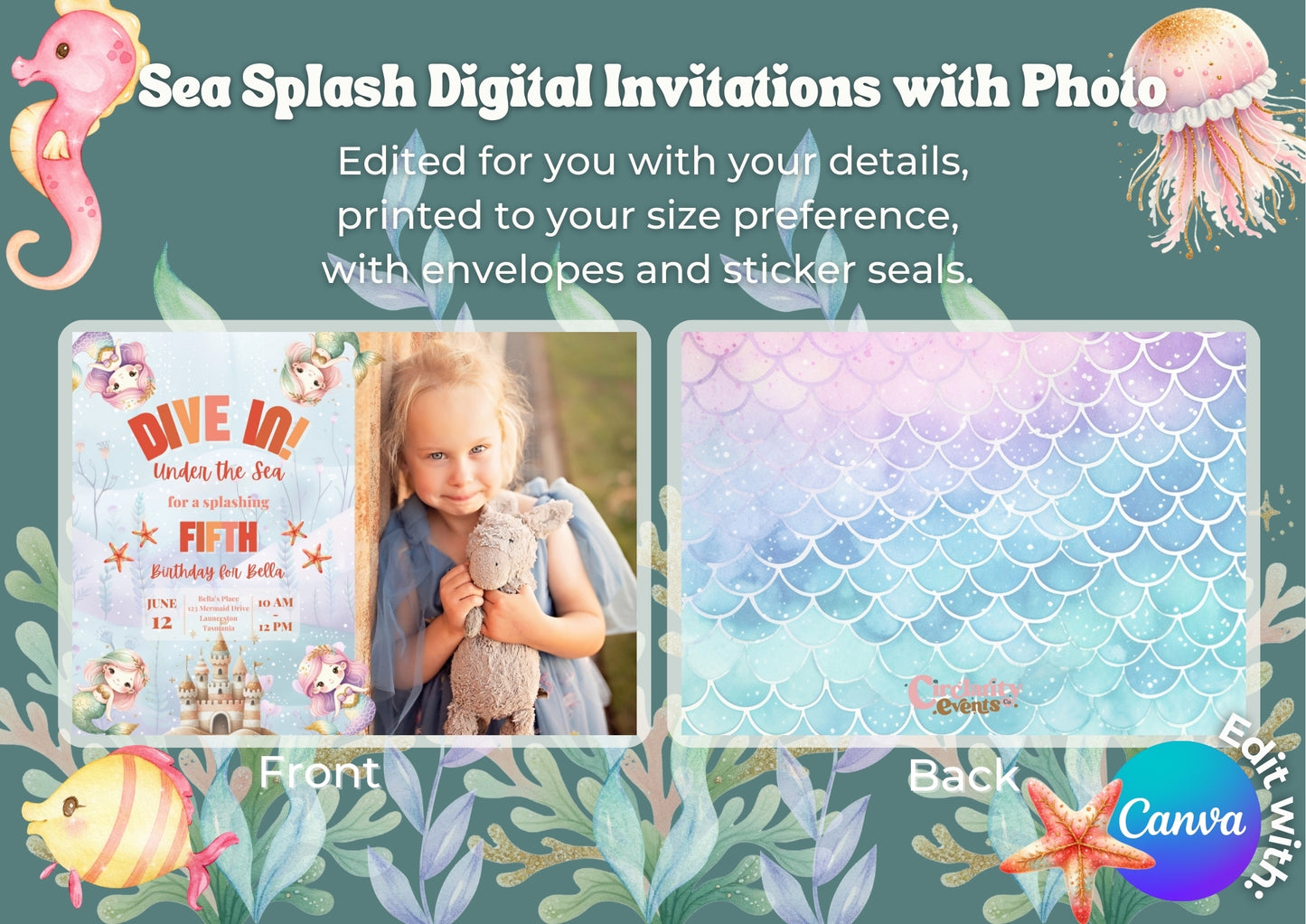 Sea Splash Invitation with Photo - Personalised and Printed - Pack of ten