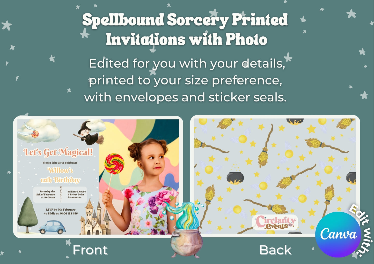 Spellbound Sorcery Invitation with Photo - Personalised and Printed - Pack of ten