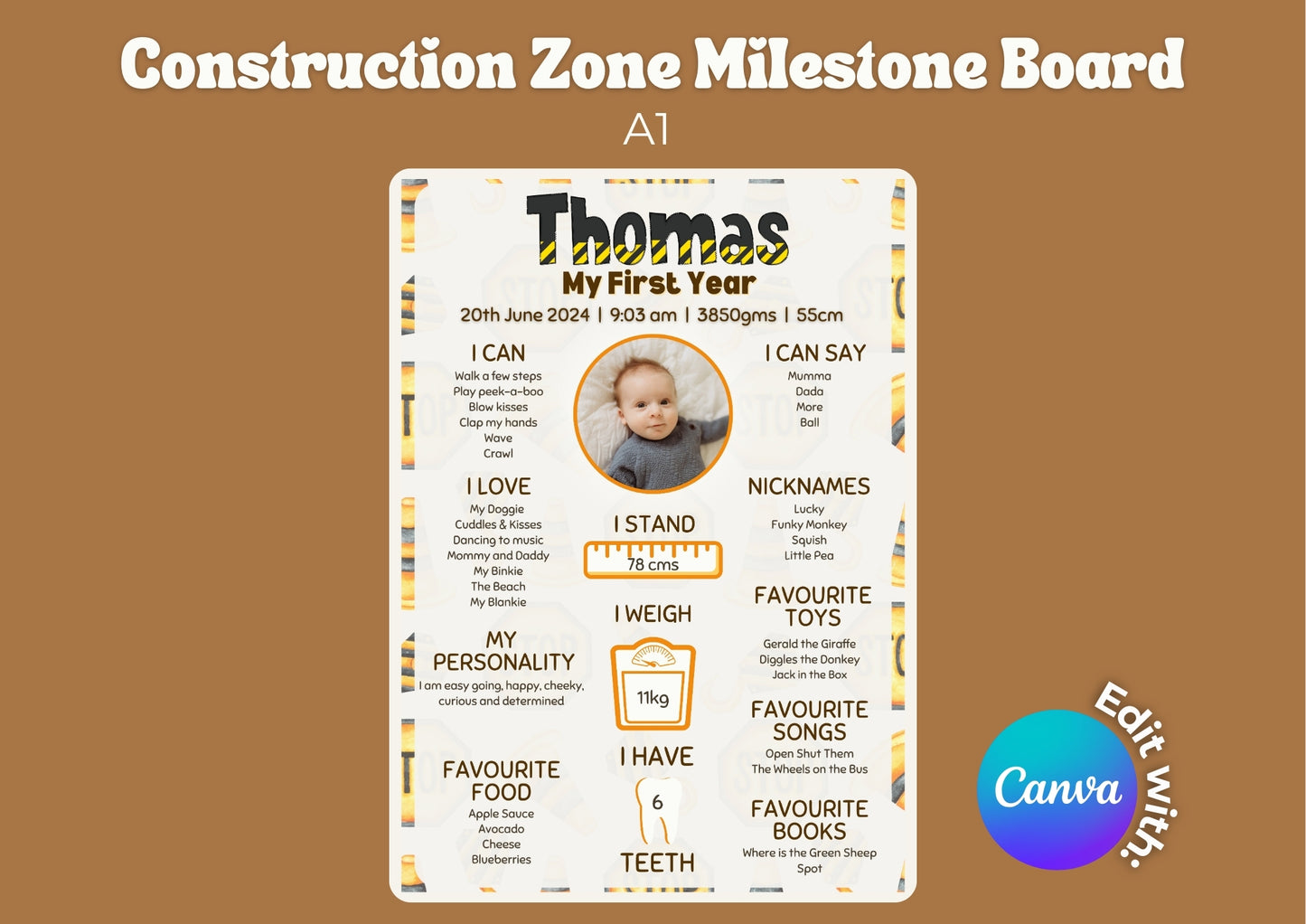 Construction Zone Editable Milestone Board - Digital Download