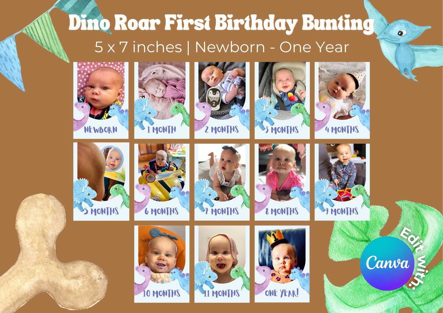 Dino Roar Editable First Birthday Photo Bunting - Digital Download