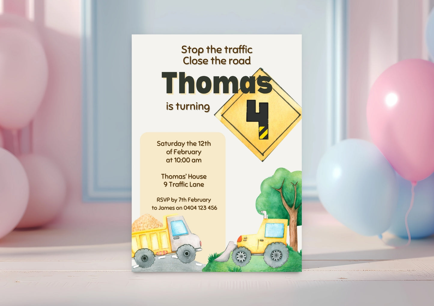 Construction Zone Invitation - Personalised and Printed - Pack of ten