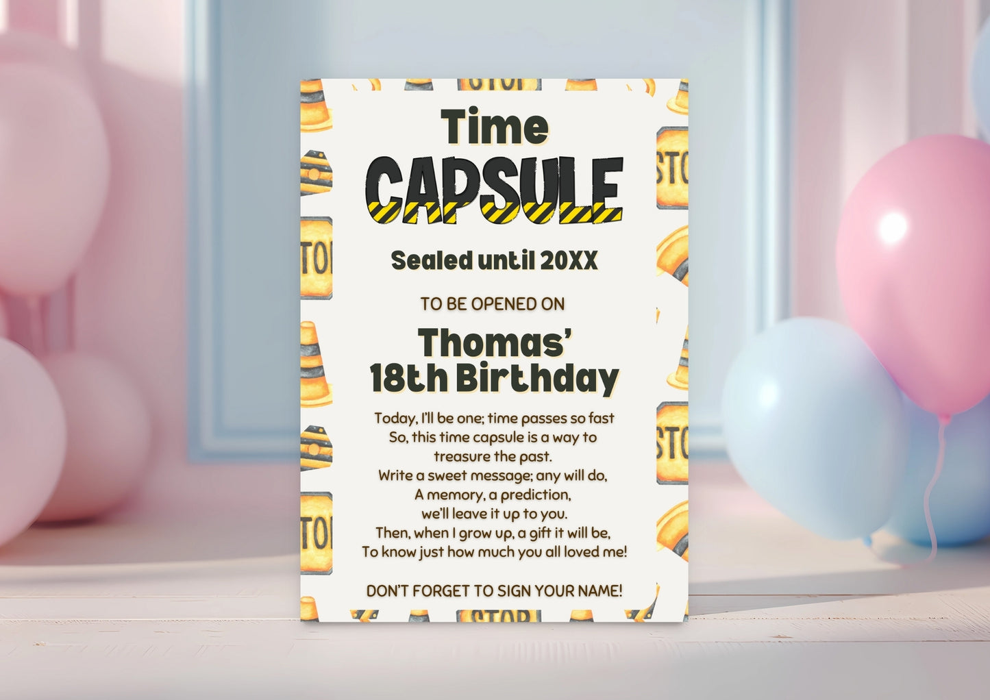 Construction Zone Editable Time Capsule - Digital Download