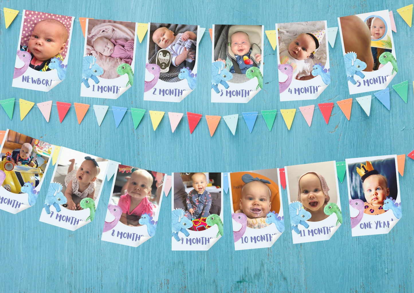 Dino Roar Editable First Birthday Photo Bunting - Digital Download