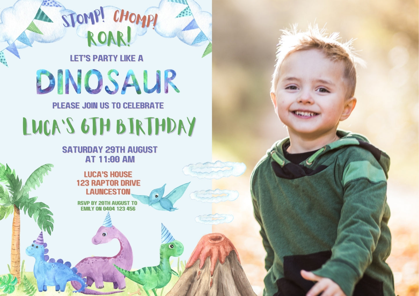 Dino Roar Invitation with Photo - Personalised and Printed - Pack of ten