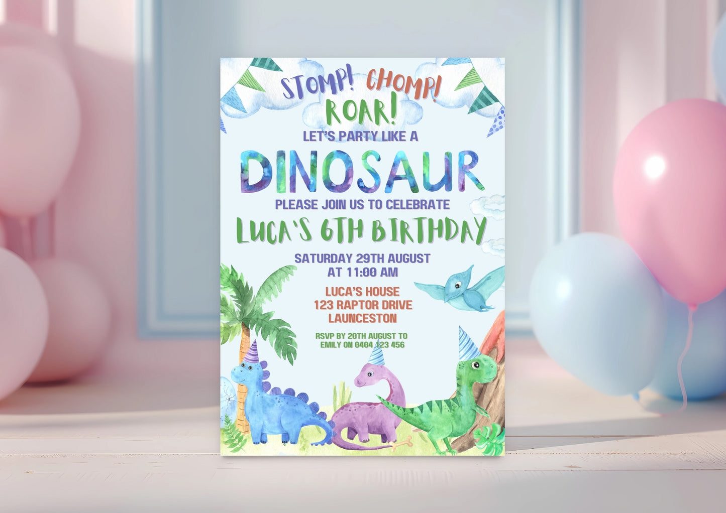 Dino Roar Invitations - Personalised and Printed - Pack of ten