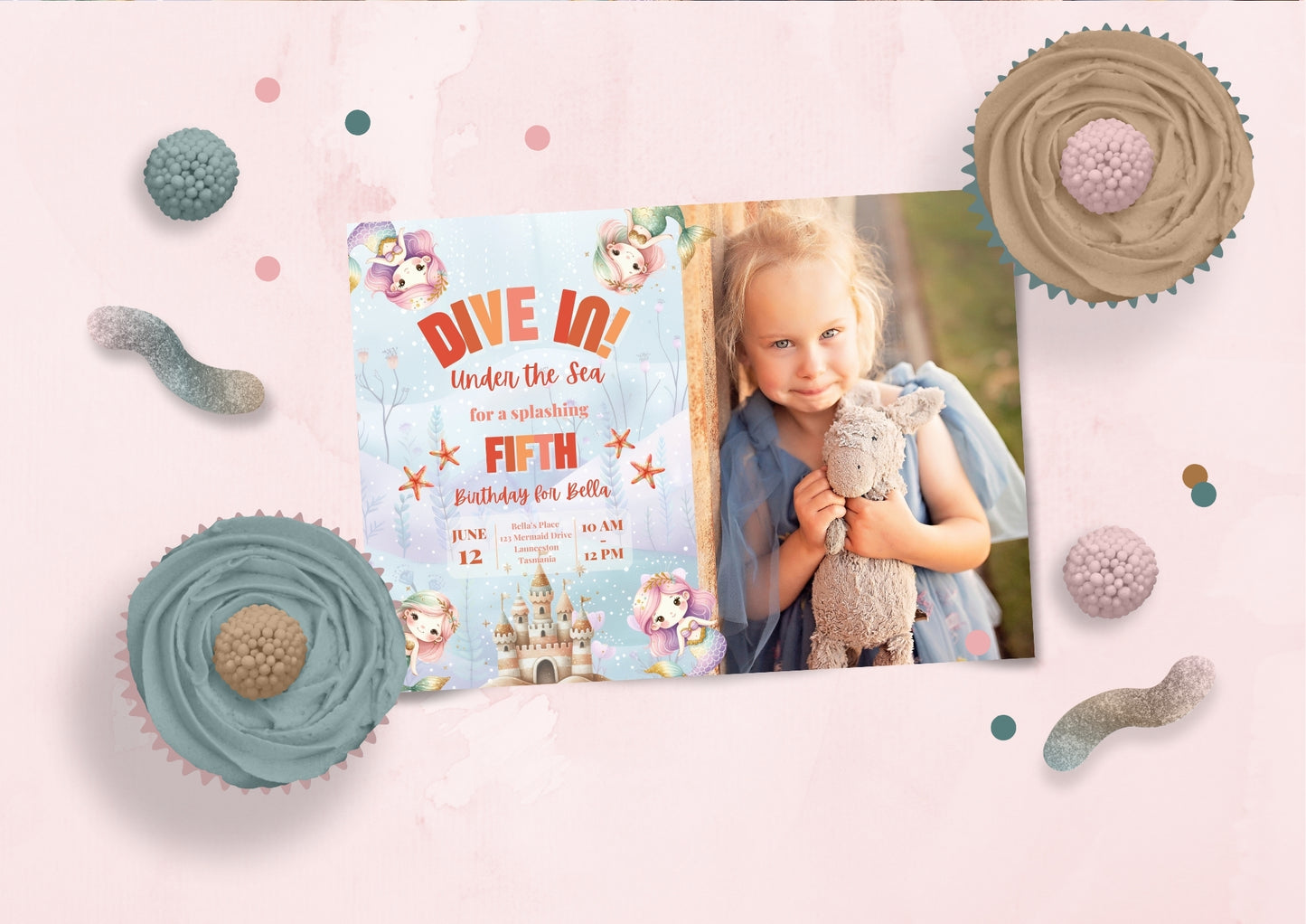 Sea Splash Invitation with Photo - Personalised and Printed - Pack of ten