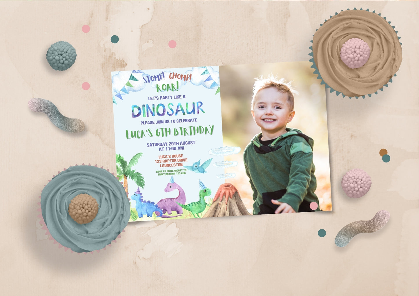 Dino Roar Invitation with Photo - Personalised and Printed - Pack of ten