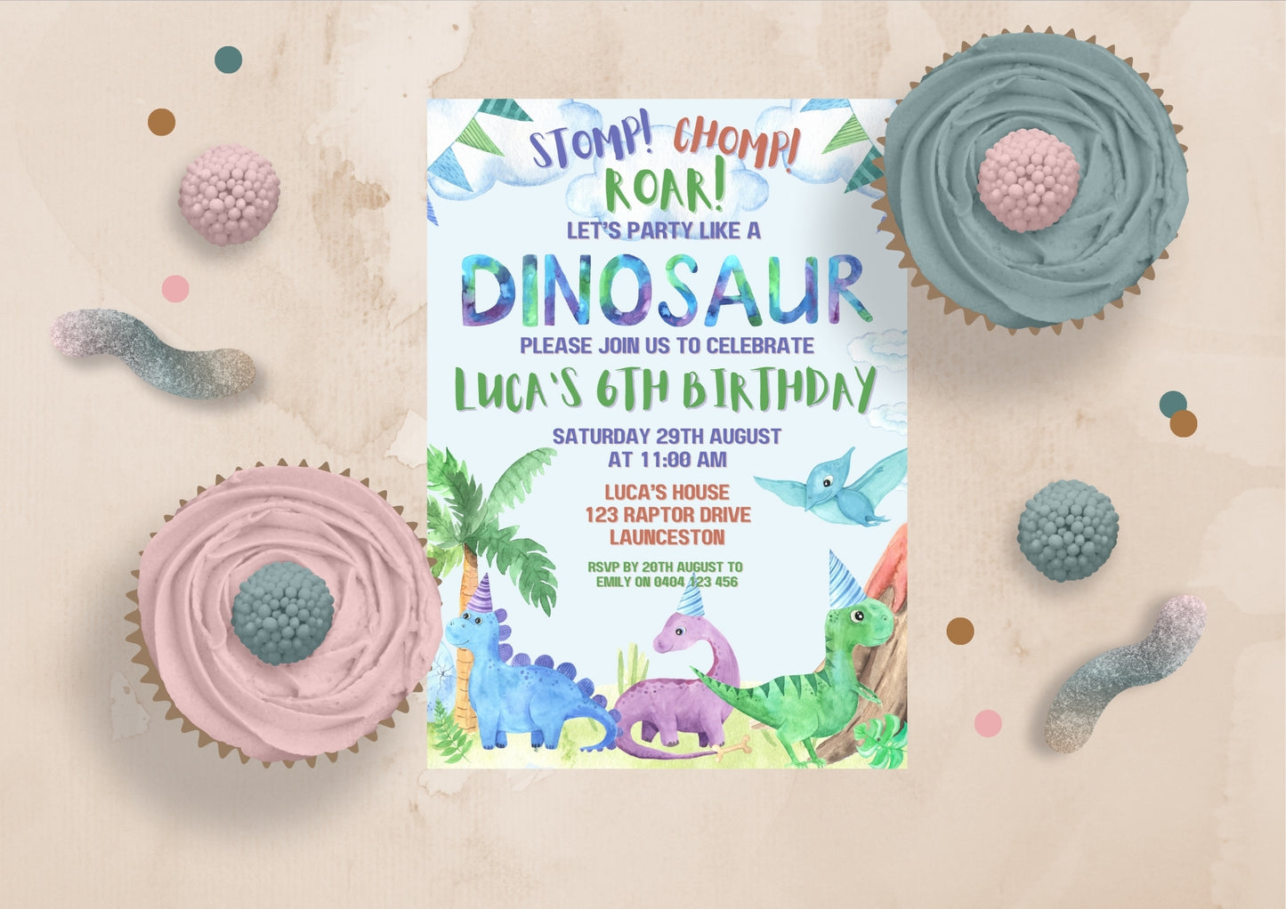 Dino Roar Invitations - Personalised and Printed - Pack of ten