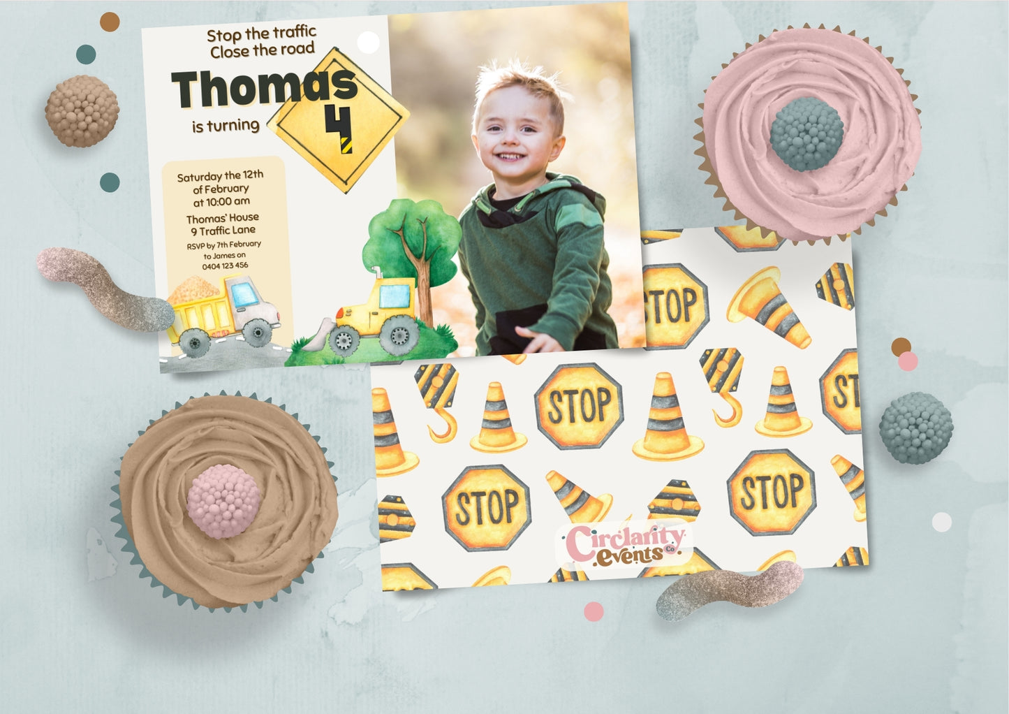 Construction Zone Invitation with Photo - Personalised and Printed - Pack of ten