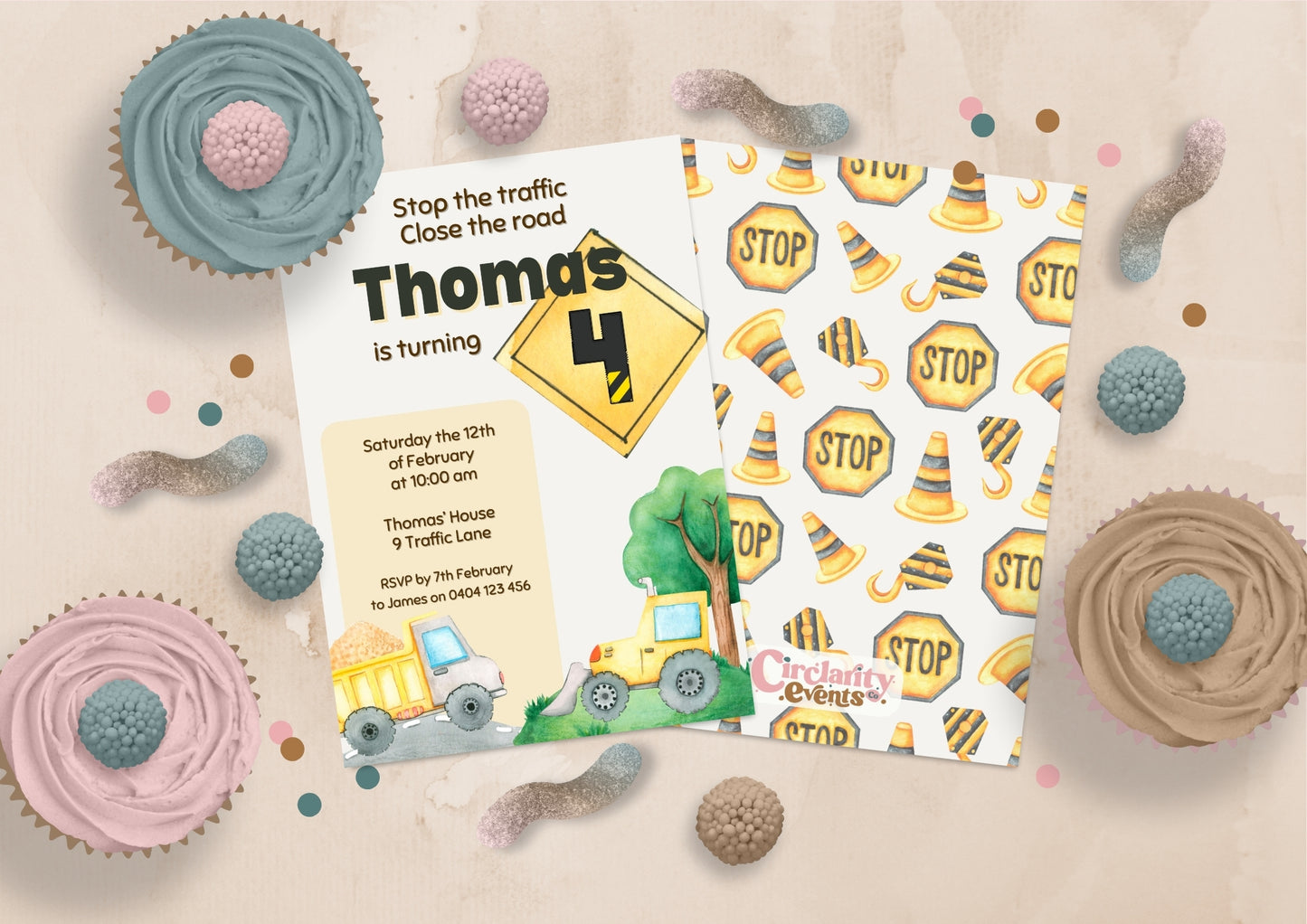 Construction Zone Invitation - Personalised and Printed - Pack of ten