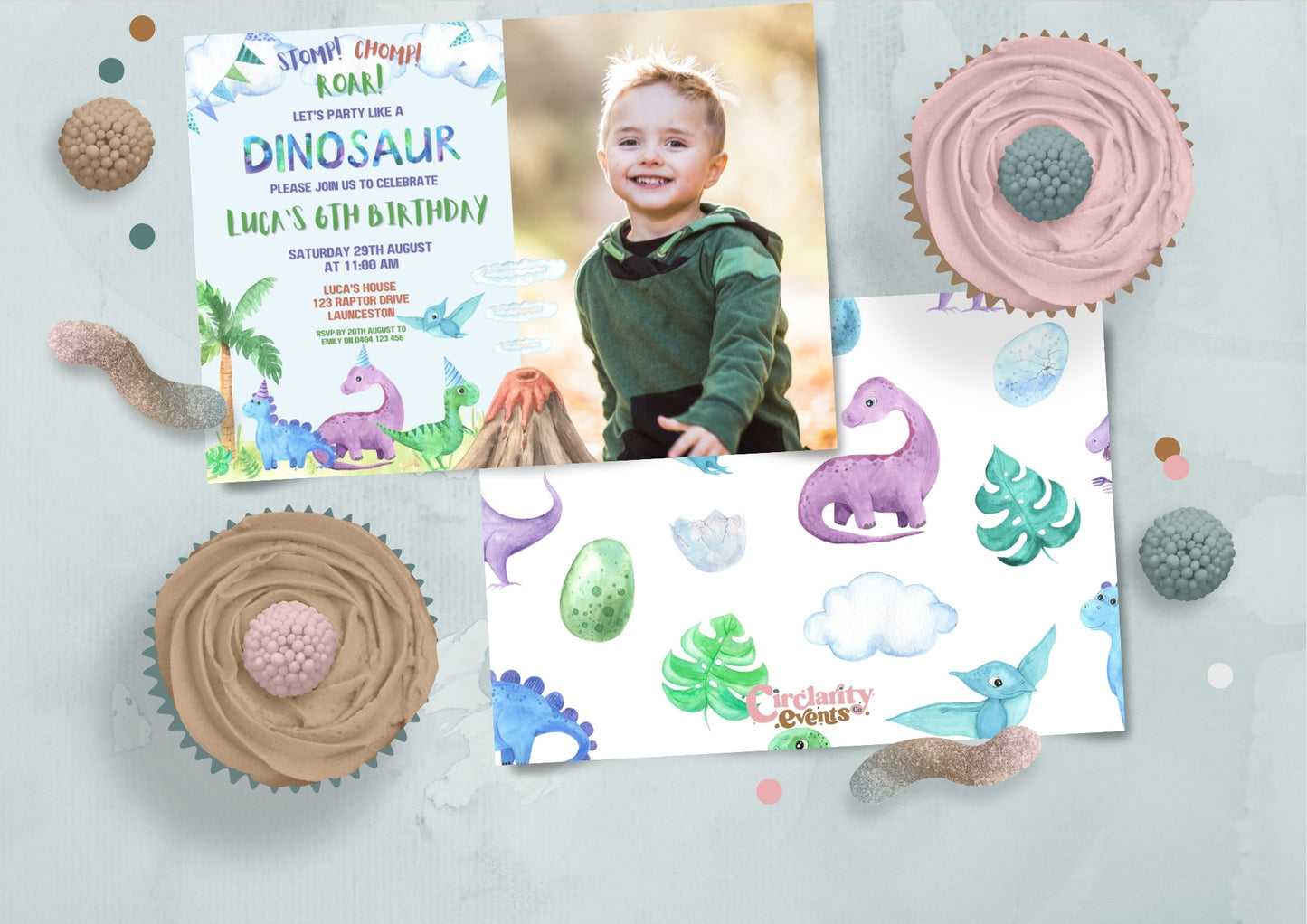 Dino Roar Invitation with Photo - Personalised and Printed - Pack of ten