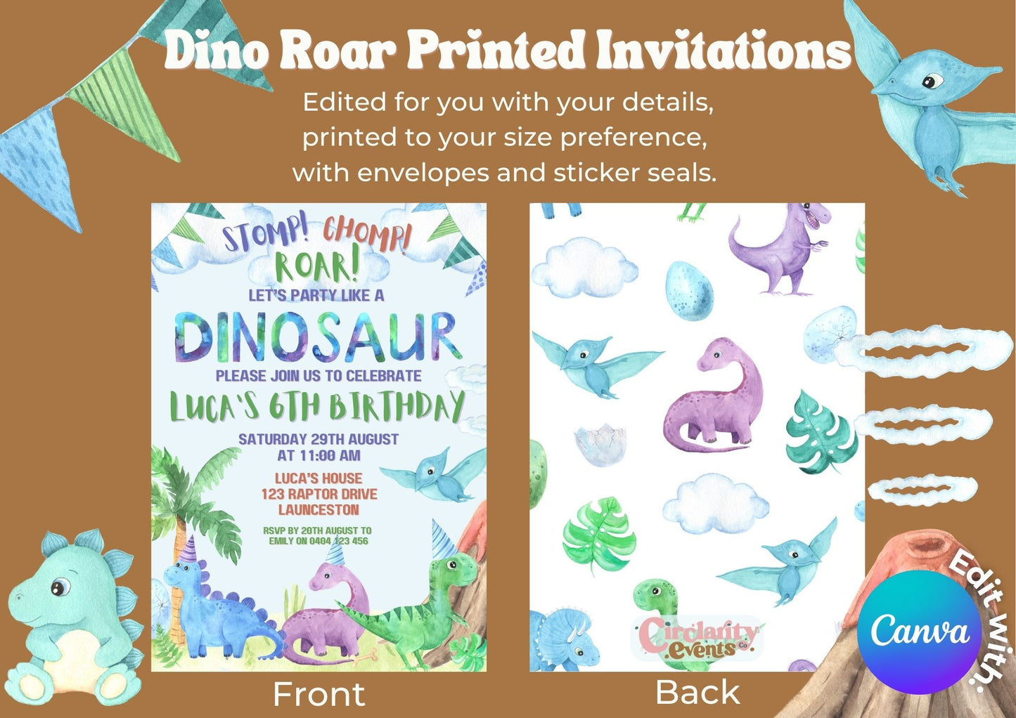 Dino Roar Invitations - Personalised and Printed - Pack of ten