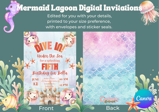 Mermaid Lagoon Invitation - Personalised and Printed - Pack of ten